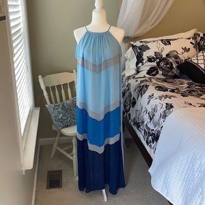 Blue and grey halter maxi dress